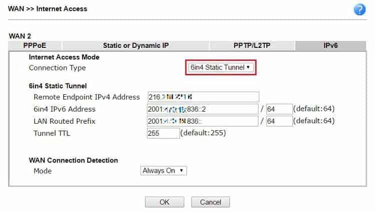 a screenshot of 6in4 Static Tunnel IPv6 on DrayOS